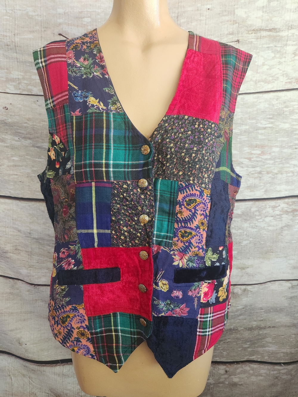 Vintage Patchwork Velvet-Trim V-Neck Women’s Vest - Multicolor